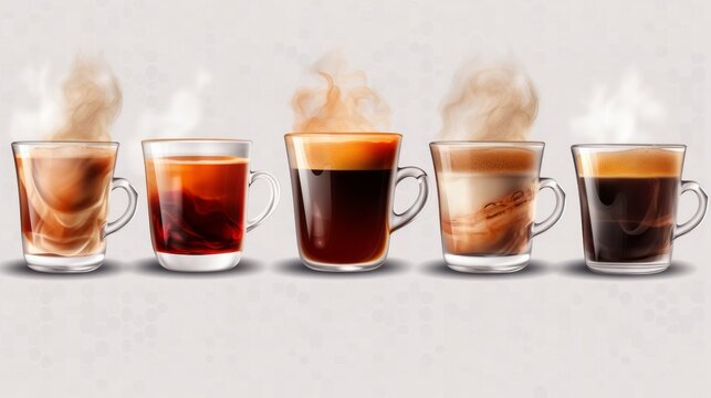 Assortment of Five Steaming Coffee Cups on Gradient Gray Background