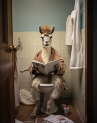 llama sitting on toilet reading newspaper