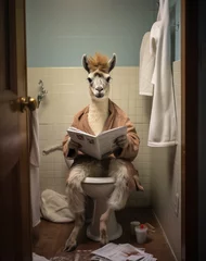Poster llama sitting on toilet reading newspaper © mattegg