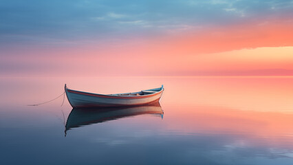 A peaceful image of a small boat floating on a calm sea at sunset - obrazy, fototapety, plakaty