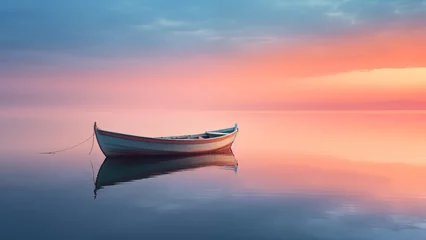 Foto op Plexiglas A peaceful image of a small boat floating on a calm sea at sunset © 대연 김