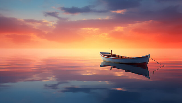 A peaceful image of a small boat floating on a calm sea at sunset