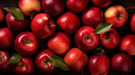 Top view of ripe red apples in wooden crates