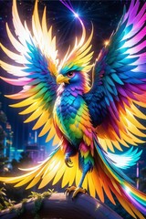 Obraz premium Colorful fabulous glowing bird. AI