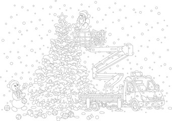 Santa Claus and a funny snowman decorating a snowy tall Christmas tree with holiday toys, balls, garlands and sweets using a truck crane, black and white vector cartoon illustration