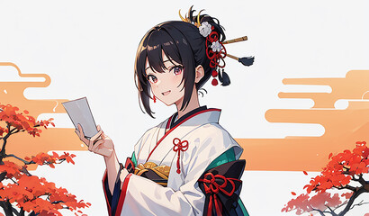 着物姿の女性　和服　浴衣　成人式　初詣　白バック｜Generative AI