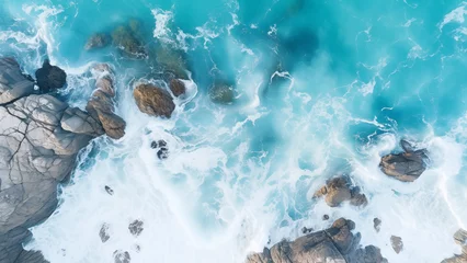 Keuken spatwand met foto Awesome view of blue waves crashing between rock walls seen from the sky © 대연 김