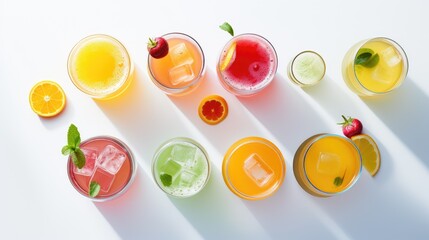 assorted fresh juices on light background overhead view,for summer season 