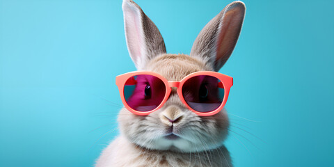 A rabbit wearing sunglasses and a colorful background,  Cool rabbit in sunglasses. Illustration ,   Cool bunny with sunglasses on a colorful background happy easter card generative ai
