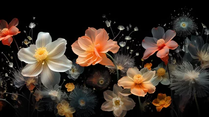 Rolgordijnen Photo of beautiful flowers on black background, plant documentary, time lapse © 대연 김