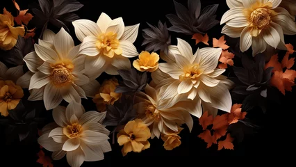 Gordijnen Photo of beautiful flowers on black background, plant documentary, time lapse © 대연 김