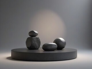 Stack stones platform podium and black circle on gray light copy spase background. Generative AI