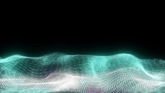 Futuristic technology double wave. Digital cyberspace. Abstract wave with moving particles on a colors background. Big data analytics. 3d rendering.