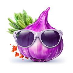 Pink garlic or red onion with sunglasses