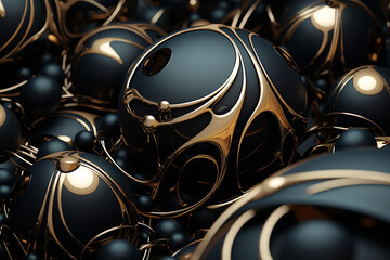 Whimsical black and gold abstract digital Illustration of soft color matt 3D balls. Luxury background. AI generated image.