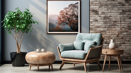 Stylish scandinavian living room with armchair, loft modern home decor style