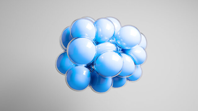 Blue colored bubbles floating against grey background. © MIKHAIL