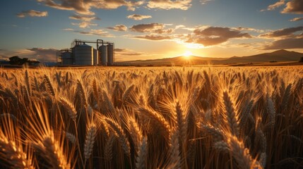 Field of wheat during sunset with grain silos