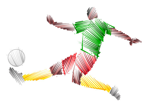 Drawing of man soccer player dominating the ball made from sketch-style brush strokes