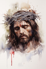 Jesus Christ crowned with thorns scourged artistic watercolor painting