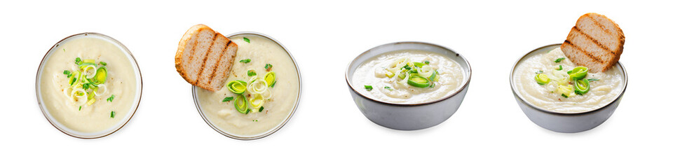 Leek Soup, Comfort Meal, Potato and Leek Creamy Soup, Vegetarian Food on White Background