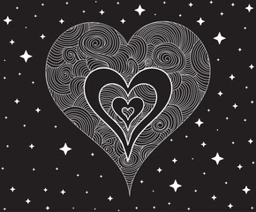 Beautiful vector Valentine heart with figured linear ornament, among stars