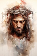 Jesus Christ crowned with thorns scourged artistic watercolor painting