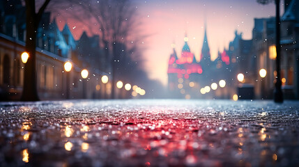 Fototapeta premium Beautiful winter city street at night with lanterns and snow covered trees. Generative AI technology.