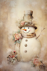 Blanket with photo picture featuring a painting of a cute snowman against shabby pastel background, space