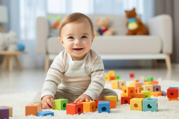 Portrait of a cute little boy sitting on the floor in the living room. The child is playing with colorful wooden cubes. The concept of attention and skills development.