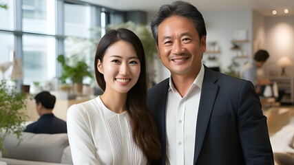 Business: a happy man and a woman of Asian appearance appearance in business suits of a strict dress code as business partners in the office negotiate and smile. Generation Ai - obrazy, fototapety, plakaty