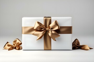 A gift in the form of a box with a bow on a light background: congratulations on the New Year, Christmas, March 8, Valentine's Day and February 14, Mother's Day, Birthday (Ai generation) - obrazy, fototapety, plakaty