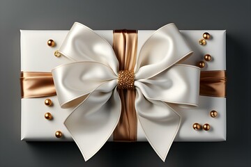 White and gold gift bow on a white background: postcard, screensaver, layout, congratulations, holiday, gift, surprise, bright, big (Ai)
