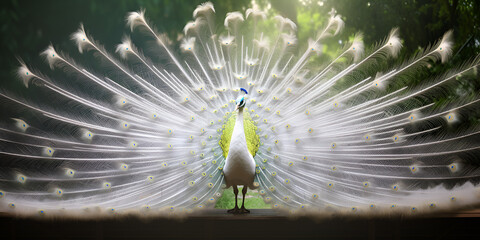 White Peacock With Feathers Open,Rare White Peacock on Dark Background,Exquisite white peacock with delicate plumage. Graceful elegance and majestic beauty.Beautiful albino peacock in full display