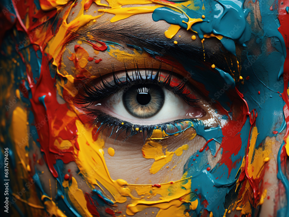 Poster abstract expressionism, vibrant splashes of color across the face, eyes like pools of abstract patte