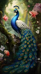oil painting of a vibrant peacock
