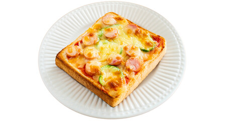 Toast with cheese on hot dog and vegetables on white background