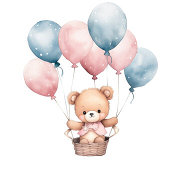 Naklejki cute bear with balloons, watercolor illustration, png
