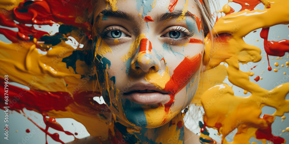 Poster portrait infused with abstract expressionism, vibrant splashes of color across the face, eyes like p