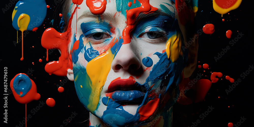 Poster portrait infused with abstract expressionism, vibrant splashes of color across the face, eyes like p