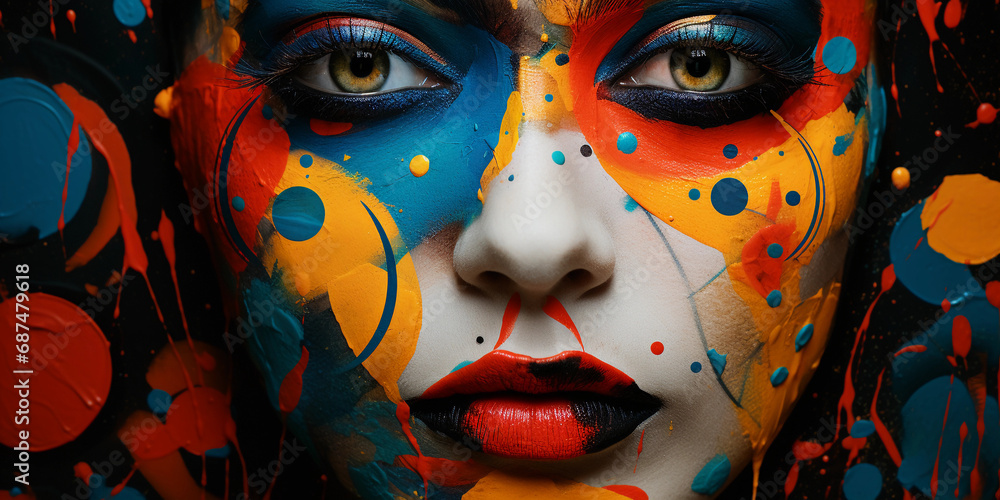Poster portrait infused with abstract expressionism, vibrant splashes of color across the face, eyes like p