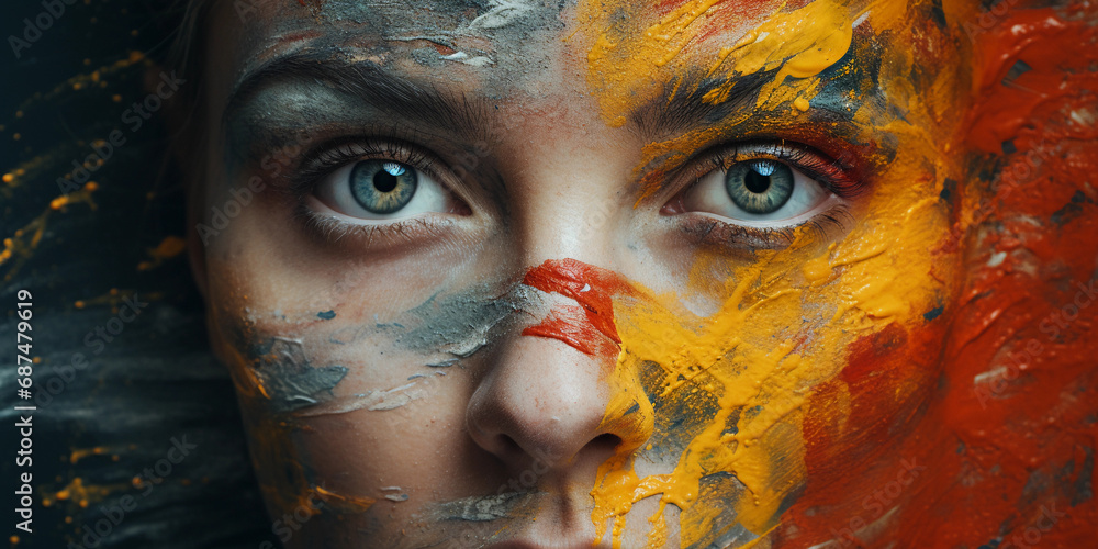 Poster portrait infused with abstract expressionism, vibrant splashes of color across the face, eyes like p