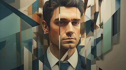 Abstract cubist business portrait, realistic facial details, intersecting lines and planes - obrazy, fototapety, plakaty