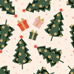 Green ornate Christmas tree with star forms a festive seamless modern pattern for textiles and wrapping paper. Vector.