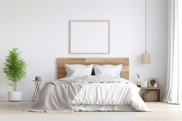 Banner with minimalist white spacious bedroom. Contemporary interior idea