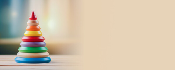 The pyramid playset, consisting of rings of different colors, promotes the development of motor skills in young children. Banner, copy space