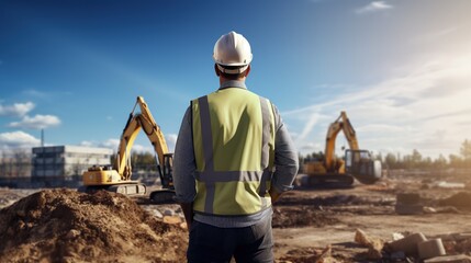 Man Looking at the Construction Site with Excavator
