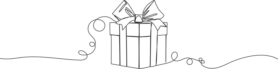 continuous single line drawing wrapped christmas present, gift box line art vector illustration