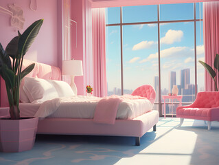 Modern pink interior design hotel room with pink bed, panoramic window and palm trees. 3d render