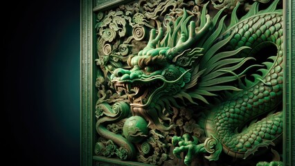 Obraz premium A green wooden dragon, its scales and mane meticulously carved to reveal the depth of traditional artistry. 